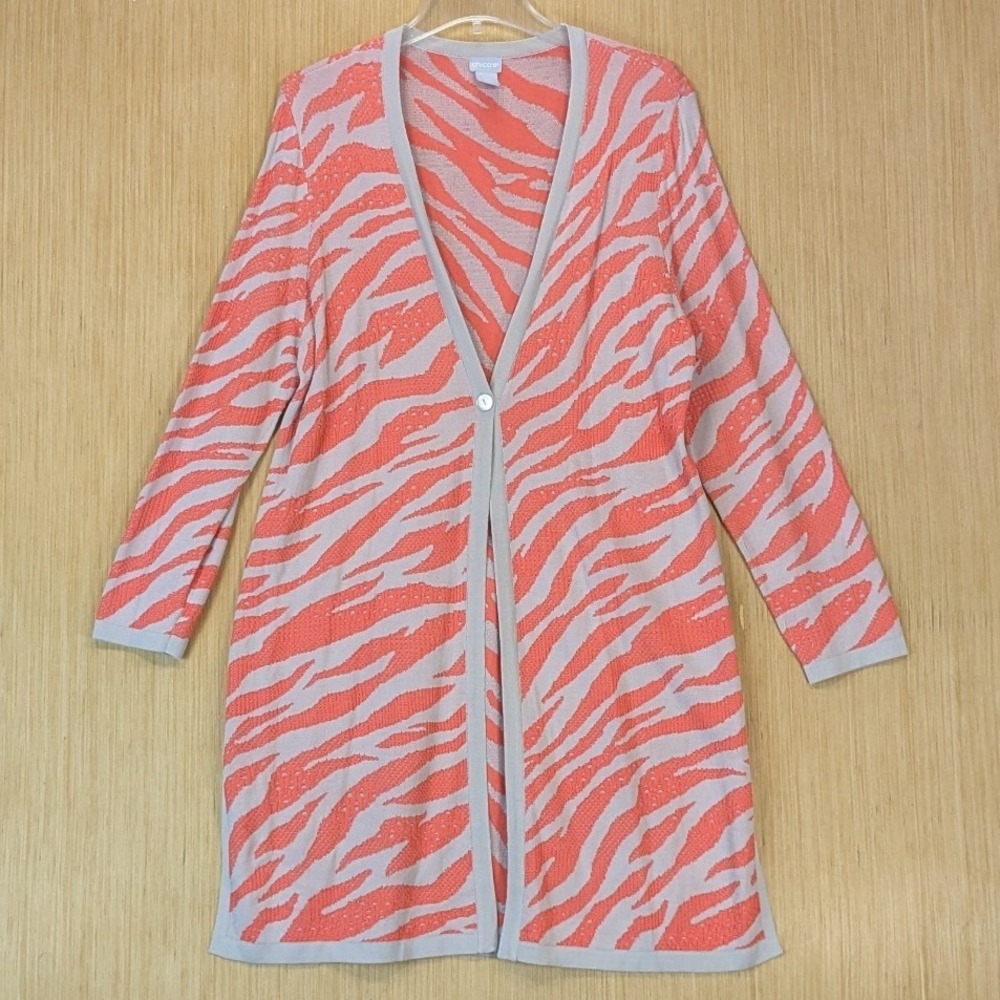 Chicos Cardigan Sweater Women's Large Orange Zebra Animal‎ Print Long Knit Funky